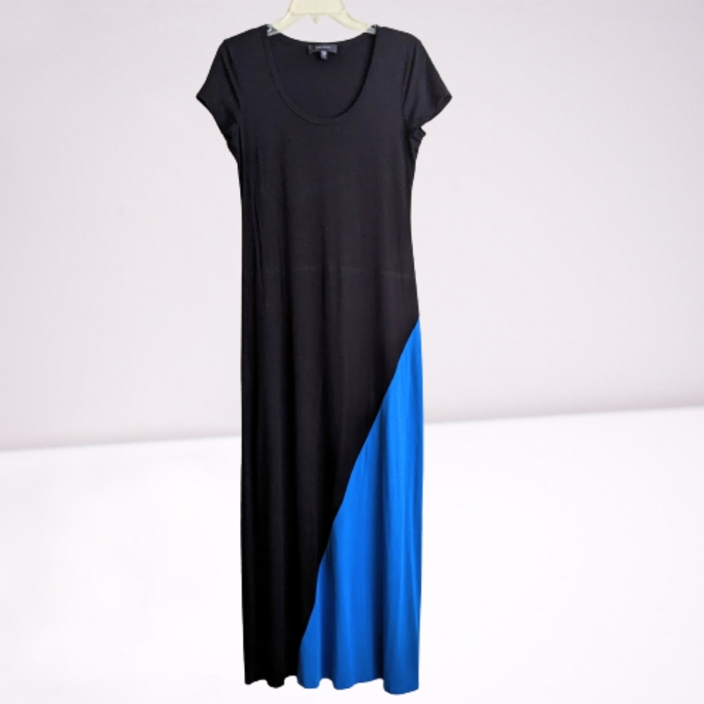 Karen Kane Maxi Dress Blue Black Cap Sleeves